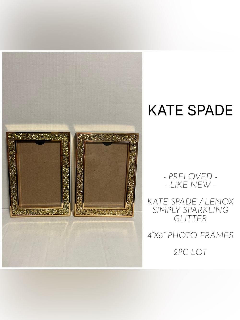 KATE SPADE / LENOX - 2PCS - LIKE NEW - 4X6 GOLD SIMPLY SPARKLING PHOTO FRAMES